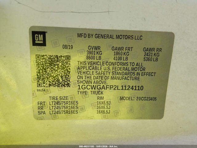 46231105 :رقم المزاد ، 1GCWGAFP2L1124110 vin ، 2020 Chevrolet Express Cargo Rwd 2500 Regular Wheelbase Wt مزاد بيع