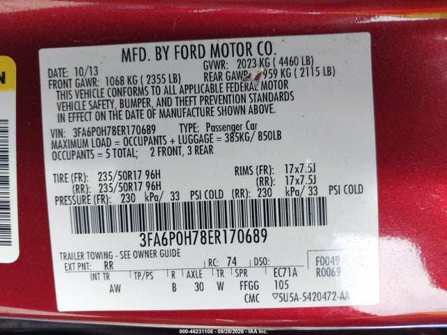 46231108 :رقم المزاد ، 3FA6P0H78ER170689 vin ، 2014 Ford Fusion Se مزاد بيع
