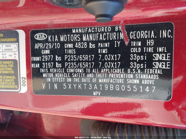 Продаж на аукціоні авто 2011 Kia Sorento Lx, vin: 5XYKT3A19BG055147, номер лоту: 46231112