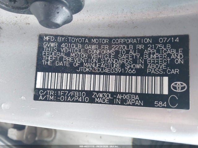 46231115 :رقم المزاد ، JTDKN3DU4E0391766 vin ، 2014 Toyota Prius مزاد بيع