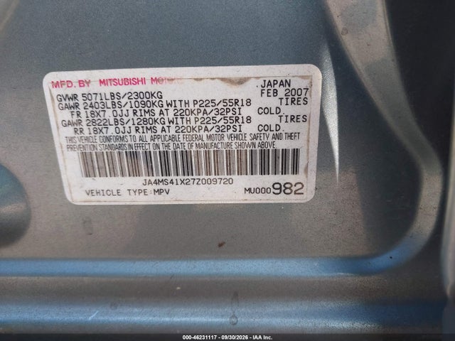 2007 Mitsubishi Outlander Xls მანქანა იყიდება აუქციონზე, vin: JA4MS41X27Z009720, აუქციონის ნომერი: 46231117