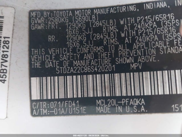 46231120 :رقم المزاد ، 5TDZA22C86S420201 vin ، 2006 Toyota Sienna Xle مزاد بيع