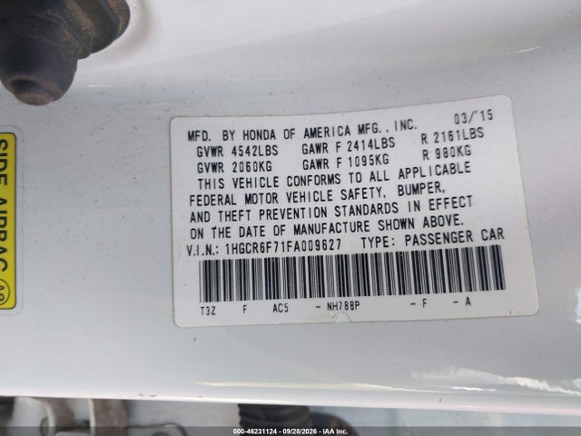 46231124 :رقم المزاد ، 1HGCR6F71FA009627 vin ، 2015 Honda Accord Hybrid Touring مزاد بيع
