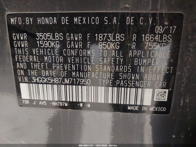 46231131 :رقم المزاد ، 3HGGK5H87JM717950 vin ، 2018 Honda Fit Ex مزاد بيع