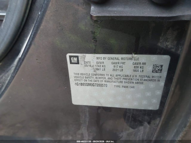 46231138 :رقم المزاد ، 1G1BE5SM0G7280570 vin ، 2016 Chevrolet Cruze Lt Auto مزاد بيع