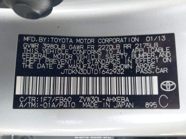 Aukcja sprzedaży 2013 Toyota Prius Two, vin: JTDKN3DU1D1642932, numer aukcji: 46231148