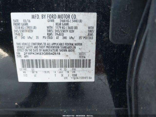 Aukcja sprzedaży 2016 Ford Edge Titanium, vin: 2FMPK3K83GBB42618, numer aukcji: 46231152