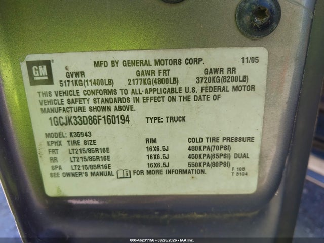 Aukcja sprzedaży 2006 Chevrolet Silverado 3500 Lt3, vin: 1GCJK33D86F160194, numer aukcji: 46231156