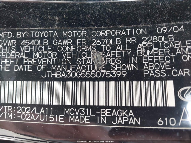 46231157 :رقم المزاد ، JTHBA30G555075399 vin ، 2005 Lexus Es 330 مزاد بيع