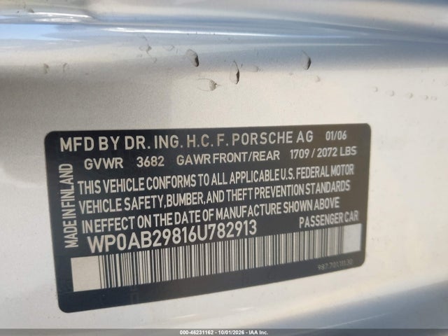 46231162 :رقم المزاد ، WP0AB29816U782913 vin ، 2006 Porsche Cayman S مزاد بيع