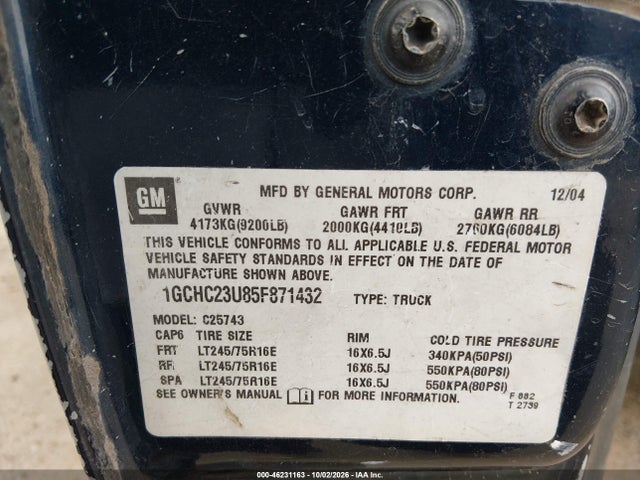 Продажа на аукционе авто 2005 Chevrolet Silverado 2500hd Ls, vin: 1GCHC23U85F871432, номер лота: 46231163