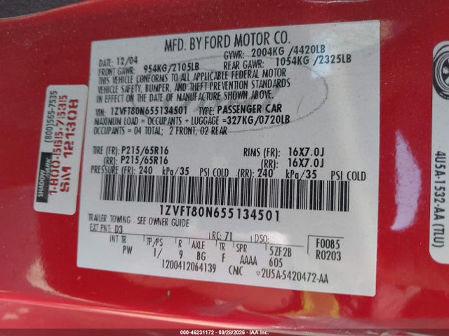 Продаж на аукціоні авто 2005 Ford Mustang V6 Deluxe/v6 Premium, vin: 1ZVFT80N655134501, номер лоту: 46231172