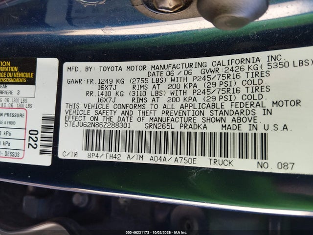 Продаж на аукціоні авто 2006 Toyota Tacoma Prerunner V6, vin: 5TEJU62N86Z288301, номер лоту: 46231173