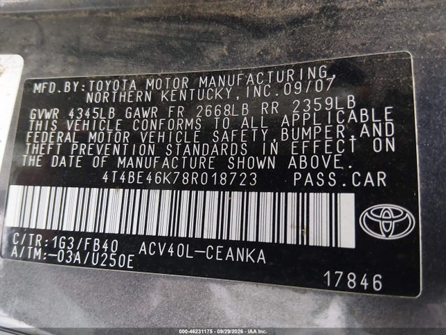 2008 Toyota Camry Le მანქანა იყიდება აუქციონზე, vin: 4T4BE46K78R018723, აუქციონის ნომერი: 46231175