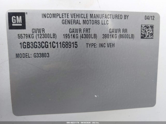Продаж на аукціоні авто 2012 Chevrolet Express Cutaway Work Van, vin: 1GB3G3CG1C1168915, номер лоту: 46231176