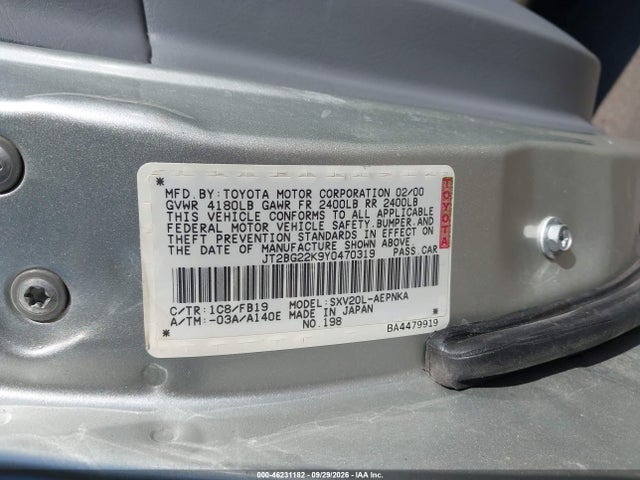 Aukcja sprzedaży 2000 Toyota Camry Le, vin: JT2BG22K9Y0470319, numer aukcji: 46231182