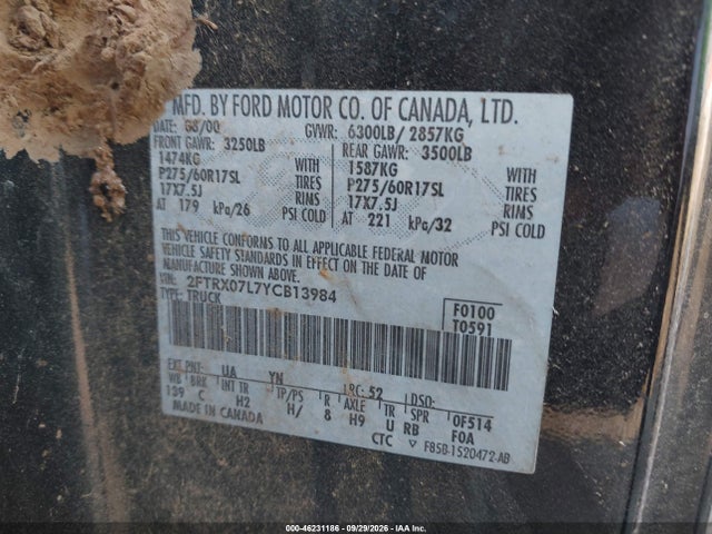 46231186 :رقم المزاد ، 2FTRX07L7YCB13984 vin ، 2000 Ford F-150 Lariat/xl/xlt مزاد بيع