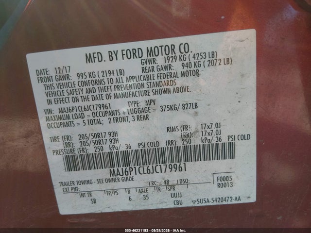 Продаж на аукціоні авто 2018 Ford Ecosport Ses, vin: MAJ6P1CL6JC179961, номер лоту: 46231193
