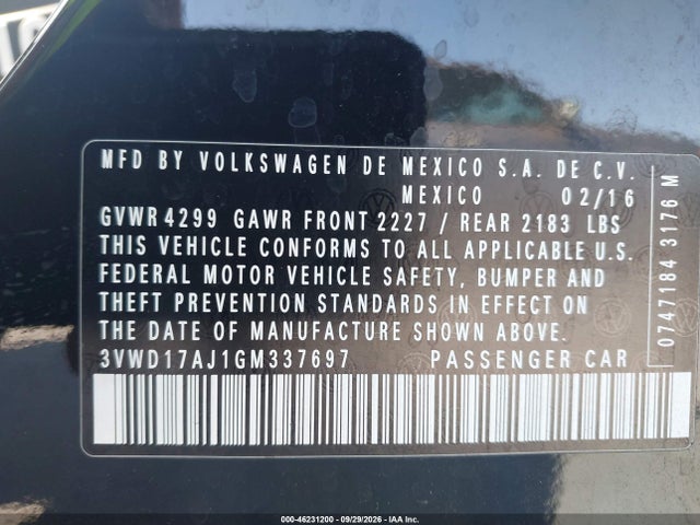 46231200 :رقم المزاد ، 3VWD17AJ1GM337697 vin ، 2016 Volkswagen Jetta 1.8t Sport مزاد بيع