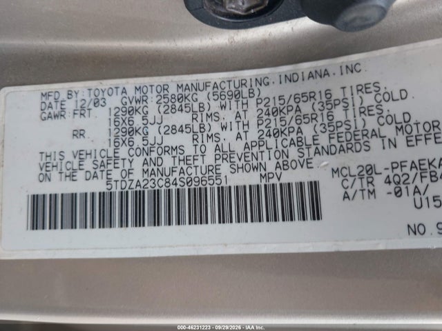 46231223 :رقم المزاد ، 5TDZA23C84S096551 vin ، 2004 Toyota Sienna Le مزاد بيع