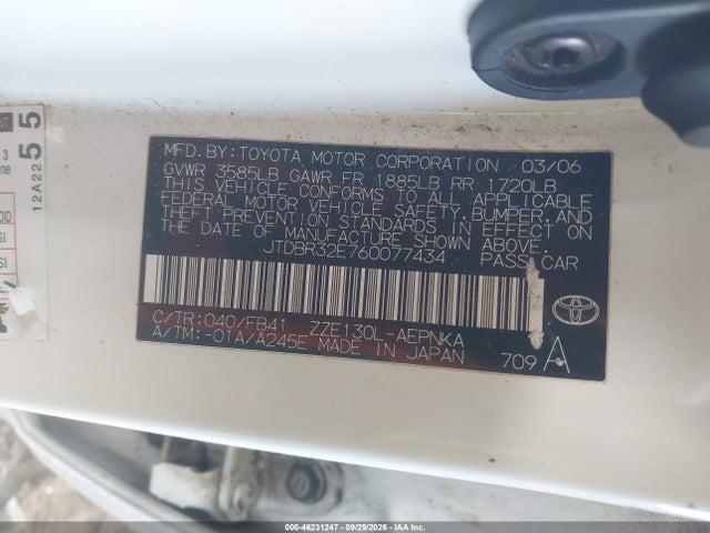 Продаж на аукціоні авто 2006 Toyota Corolla Le, vin: JTDBR32E760077434, номер лоту: 46231247