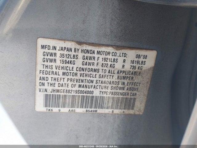 46231249 :رقم المزاد ، JHMGE88219S004000 vin ، 2009 Honda Fit مزاد بيع