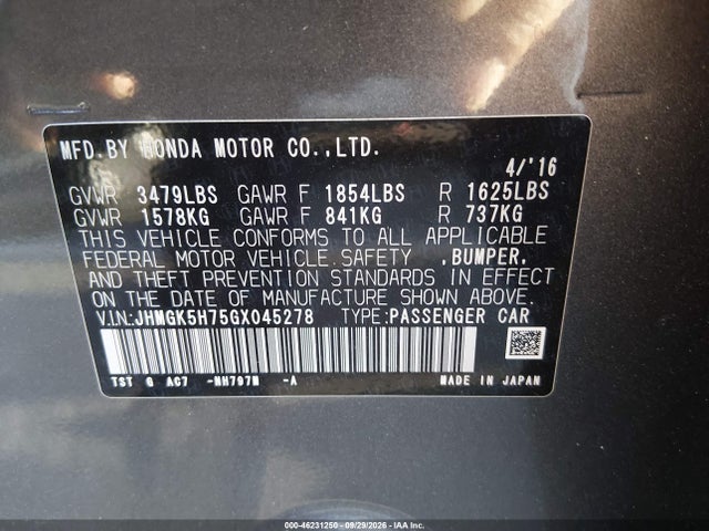 46231250 :رقم المزاد ، JHMGK5H75GX045278 vin ، 2016 Honda Fit Ex مزاد بيع
