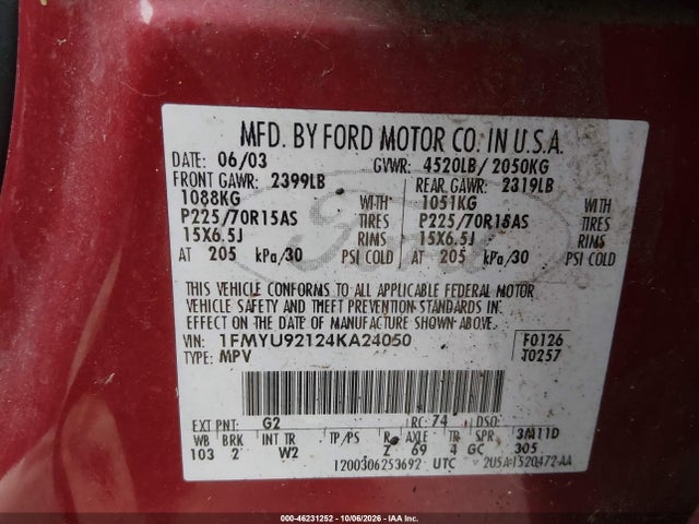 Продажа на аукционе авто 2004 Ford Escape Xls, vin: 1FMYU92124KA24050, номер лота: 46231252