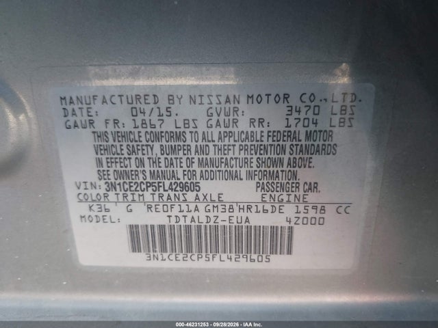 2015 Nissan Versa Note Sv მანქანა იყიდება აუქციონზე, vin: 3N1CE2CP5FL429605, აუქციონის ნომერი: 46231253