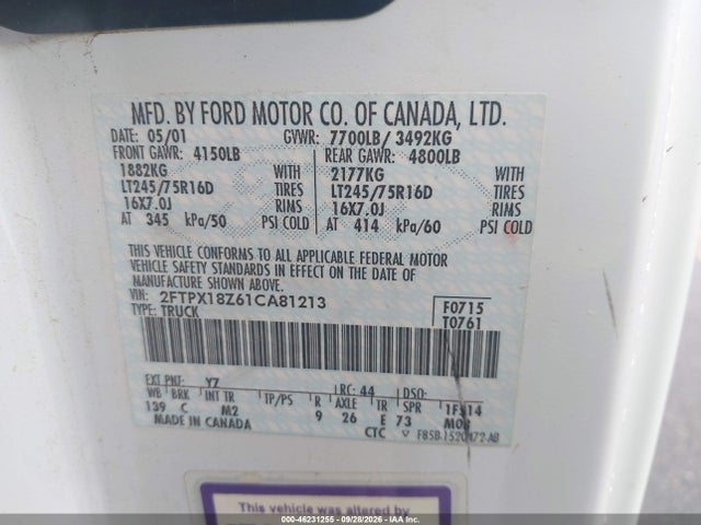 46231255 :رقم المزاد ، 2FTPX18Z61CA81213 vin ، 2001 Ford F-150 Lariat/xl/xlt مزاد بيع