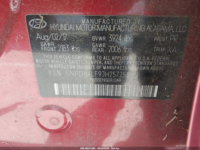 Aukcja sprzedaży 2018 Hyundai Elantra Sel, vin: 5NPD84LF9JH257258, numer aukcji: 46231258