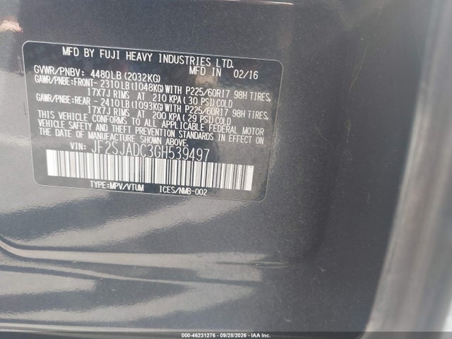 2016 Subaru Forester 2.5i Touring მანქანა იყიდება აუქციონზე, vin: JF2SJAVC3GH539497, აუქციონის ნომერი: 46231276