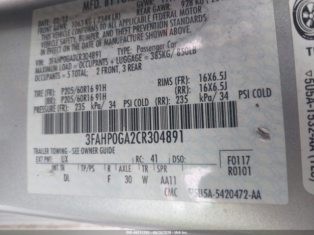 Aukcja sprzedaży 2012 Ford Fusion S, vin: 3FAHP0GA2CR304891, numer aukcji: 46231282