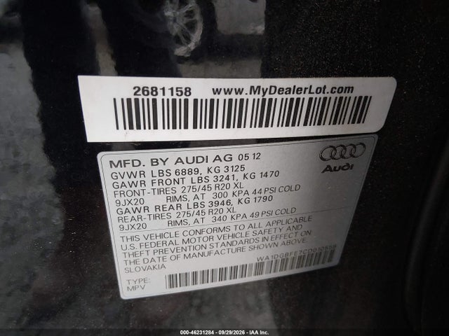 46231284 :رقم المزاد ، WA1DGBFE7CD010558 vin ، 2012 Audi Q7 3.0t S Line Prestige مزاد بيع