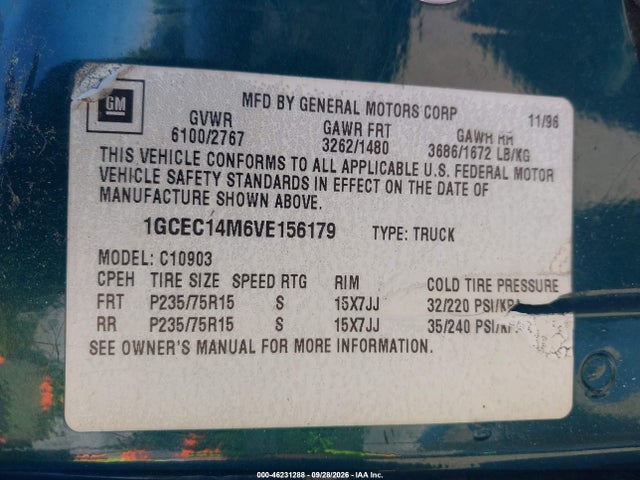 Aukcja sprzedaży 1997 Chevrolet C1500 Fleetside, vin: 1GCEC14M6VE156179, numer aukcji: 46231288