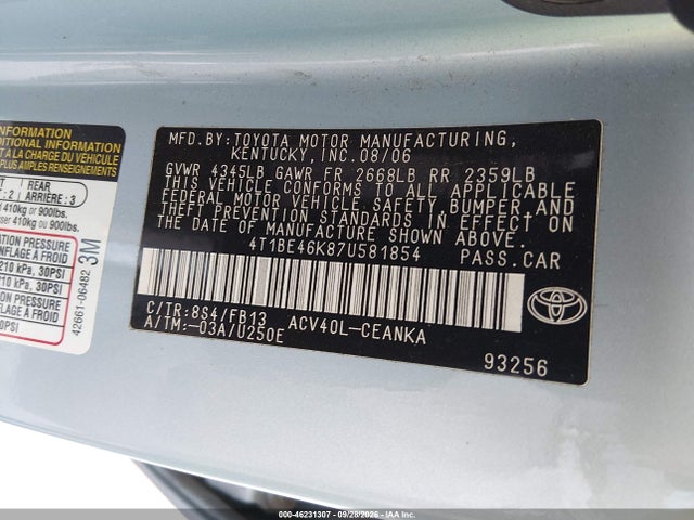 2007 Toyota Camry Le მანქანა იყიდება აუქციონზე, vin: 4T1BE46K87U581854, აუქციონის ნომერი: 46231307