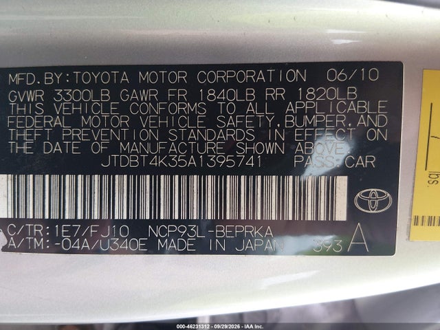 Продажа на аукционе авто 2010 Toyota Yaris, vin: JTDBT4K35A1395741, номер лота: 46231312