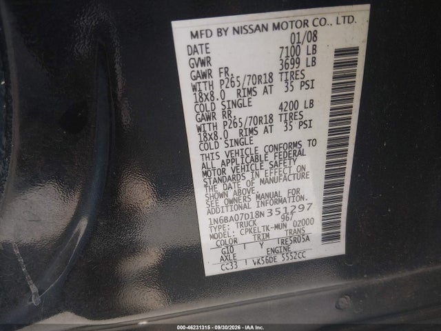 Aukcja sprzedaży 2008 Nissan Titan Se, vin: 1N6BA07D18N351297, numer aukcji: 46231315