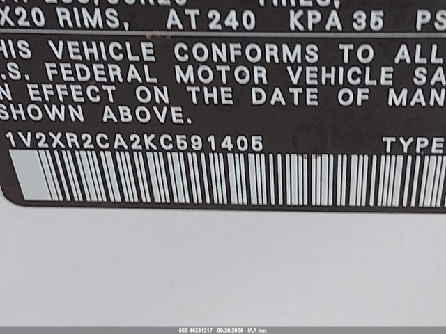 46231317 :رقم المزاد ، 1V2XR2CA2KC591405 vin ، 2019 Volkswagen Atlas 3.6l V6 Se W/technology R-line مزاد بيع