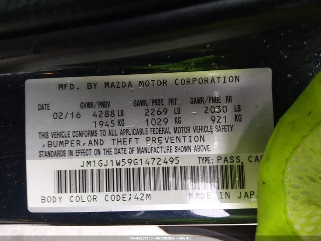 2016 Mazda Mazda6 I Grand Touring მანქანა იყიდება აუქციონზე, vin: JM1GJ1W59G1472495, აუქციონის ნომერი: 46231333