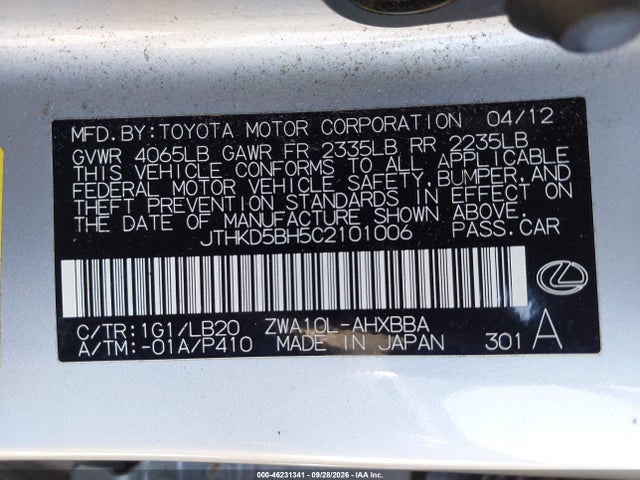 46231341 :رقم المزاد ، JTHKD5BH5C2101006 vin ، 2012 Lexus Ct 200h Premium مزاد بيع