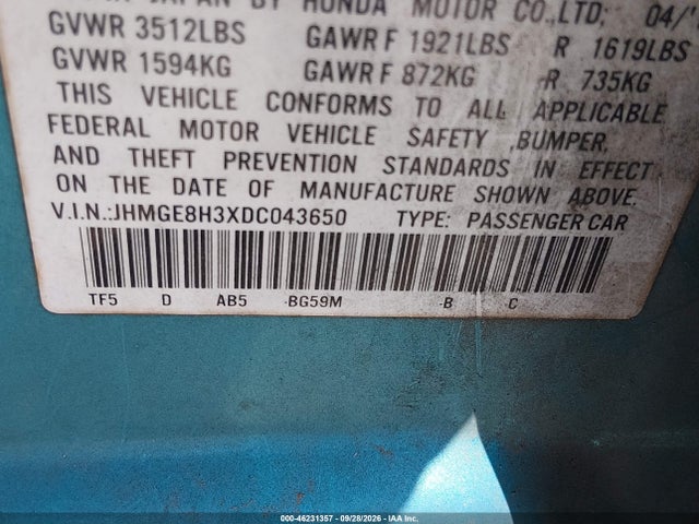 Продаж на аукціоні авто 2013 Honda Fit, vin: JHMGE8H3XDC043650, номер лоту: 46231357