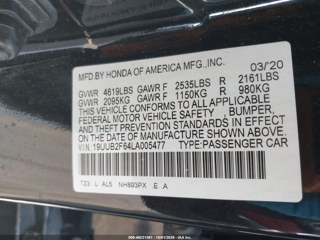 46231361 :رقم المزاد ، 19UUB2F64LA005477 vin ، 2020 Acura Tlx مزاد بيع