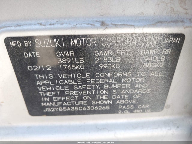2012 Suzuki Sx4 Premium/tech Valu Pkg (nav) მანქანა იყიდება აუქციონზე, vin: JS2YB5A35C6306265, აუქციონის ნომერი: 46231372