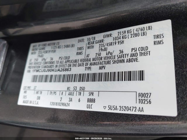 Продажа на аукционе авто 2019 Ford Escape Titanium, vin: 1FMCU0J90KUA26863, номер лота: 46231386
