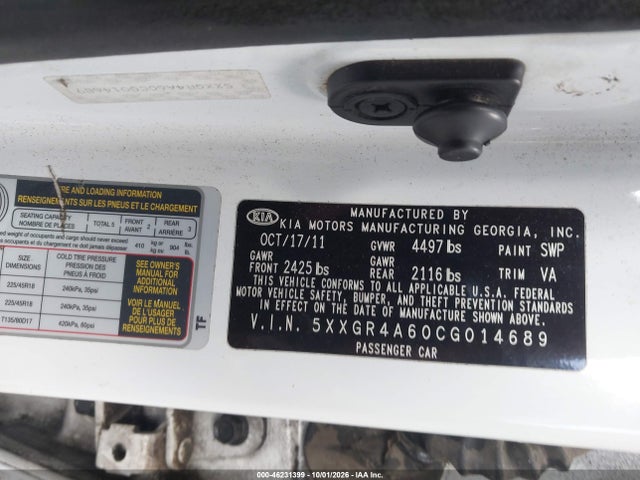 Aukcja sprzedaży 2012 Kia Optima Sx, vin: 5XXGR4A60CG014689, numer aukcji: 46231399