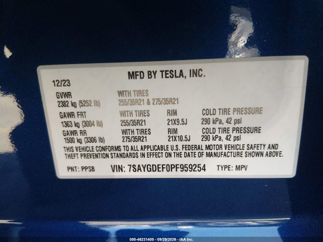 Продаж на аукціоні авто 2023 Tesla Model Y Performance Dual Motor All-wheel Drive, vin: 7SAYGDEF0PF959254, номер лоту: 46231400