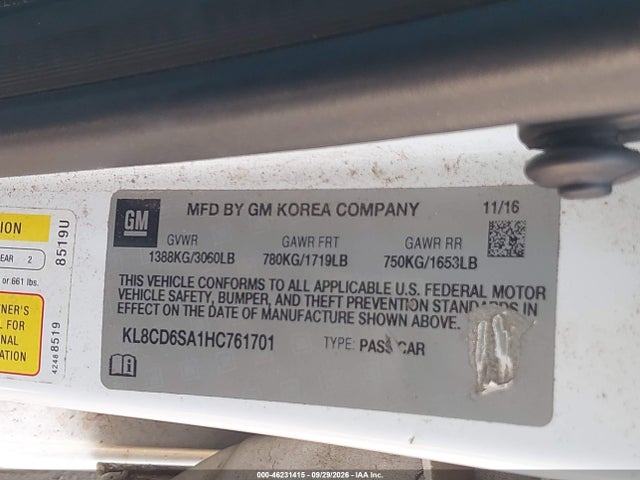 46231415 :رقم المزاد ، KL8CD6SA1HC761701 vin ، 2017 Chevrolet Spark 1lt Cvt مزاد بيع