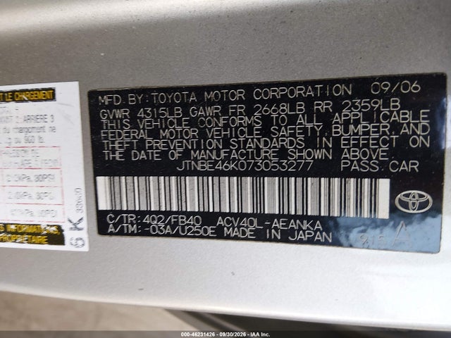 Продаж на аукціоні авто 2007 Toyota Camry Le, vin: JTNBE46K073053277, номер лоту: 46231426