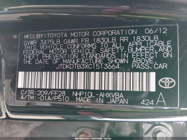 Aukcja sprzedaży 2012 Toyota Prius C Two, vin: JTDKDTB3XC1513664, numer aukcji: 46231431